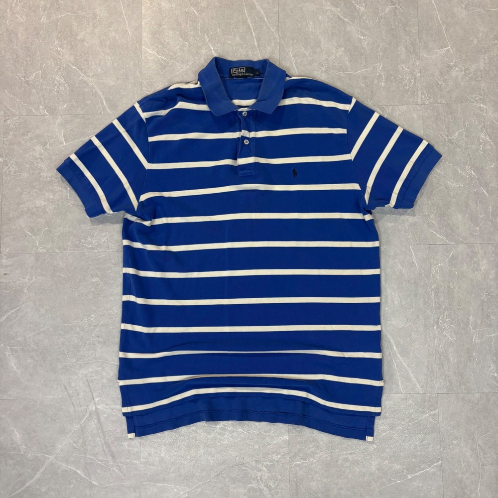 Polo Ralph Lauren Mens Large Blue White Striped Short Sleeve Pique Polo Shirt